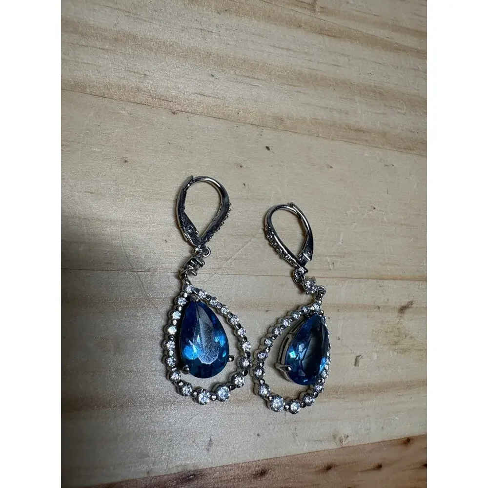 Blue Rhinestone Teardrop Dangle Leverback Earrings